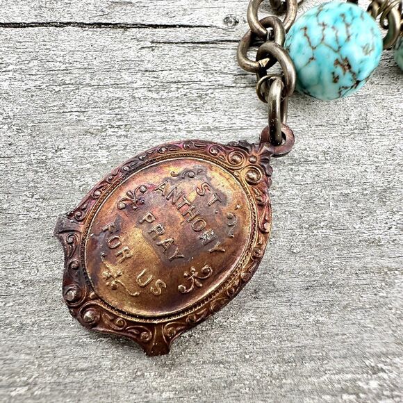 Brass St. Anthony Medal Gothic Necklace Turquoise Glass Bead Link Chain Chunky - Picture 4 of 9